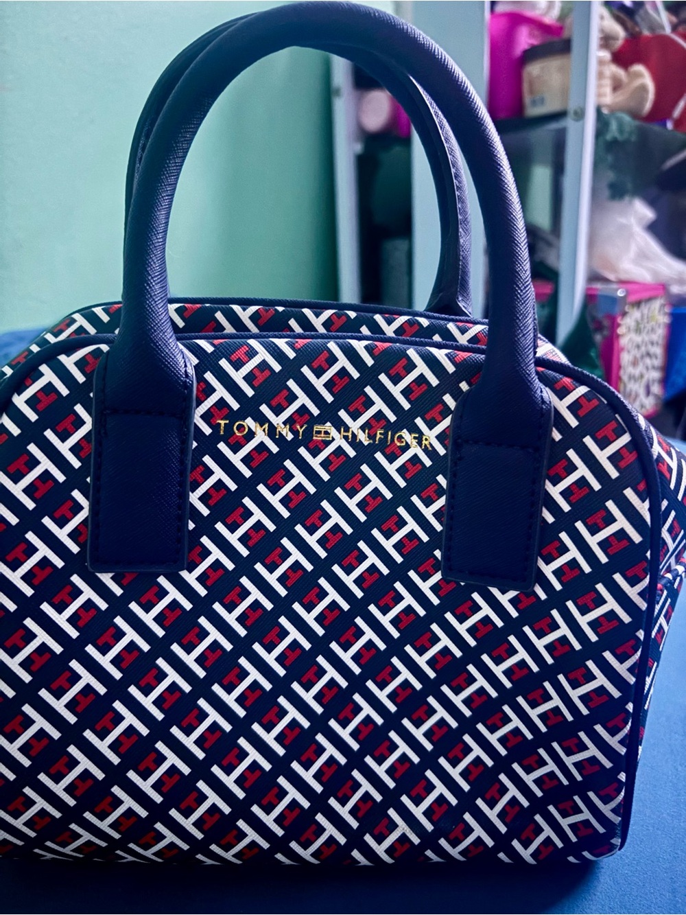 Tommy Hilfiger Navy, Red & White Logo-Print Dome Satchel